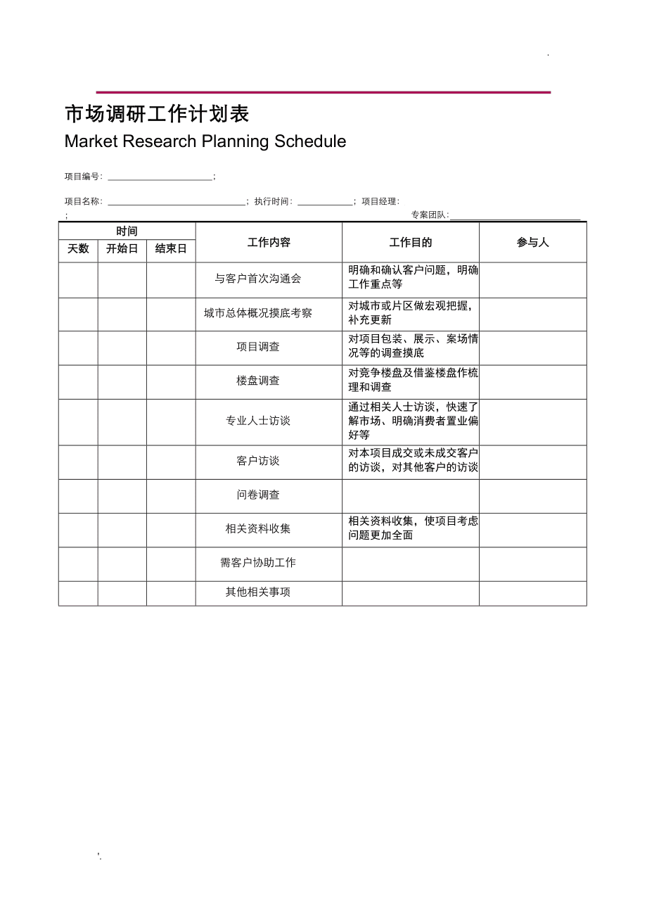 市場調研工作計劃表
